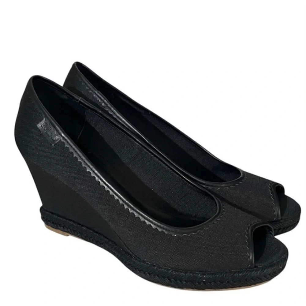 Lauren Ralph Lauren Women’s Nella Canvas Wedge Peep Toe Shoes Size 9.5 Black